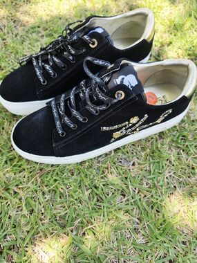 Karl Lagerfeld Black and Gold Embellished Suede Sneakers